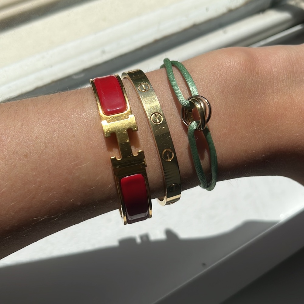 Hermes red enamel & gold H bangle bracelet set with green cord bracelet